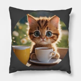 Cute Kitten With Coffee Cup Pillow