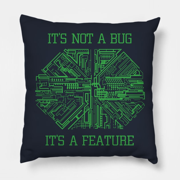 It's Not a Bug, It's a Feature (green) Pillow by Sean-Chinery