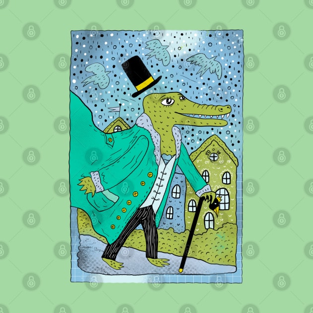 Cute green crocodile character in black top hat and tie by Douwannart