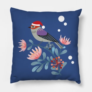 Pretty Holiday Flowers and Finch in Christmas Santa Hat Pillow