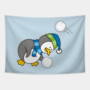 Little Penguin Getting a Snow Ball Tapestry