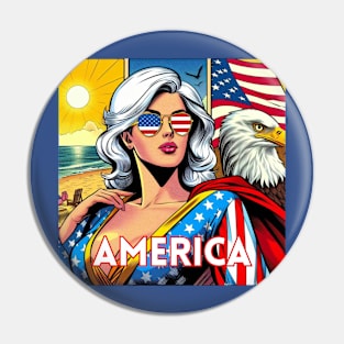 America Female Superhero Patriotic Beach Bald Eagle Pin