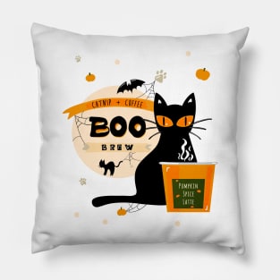 Boo Brew Halloween Cat Pumpkin Spice Coffee Latte Cup Pillow