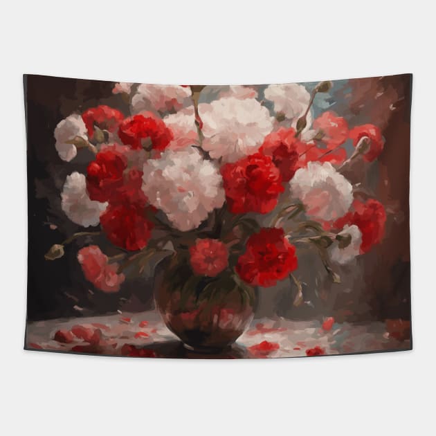 Red and White Carnations Modern Still Life Painting in a Glass Vase Tapestry by bragova