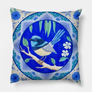 Blue Fairy Wren Mandala Pillow
