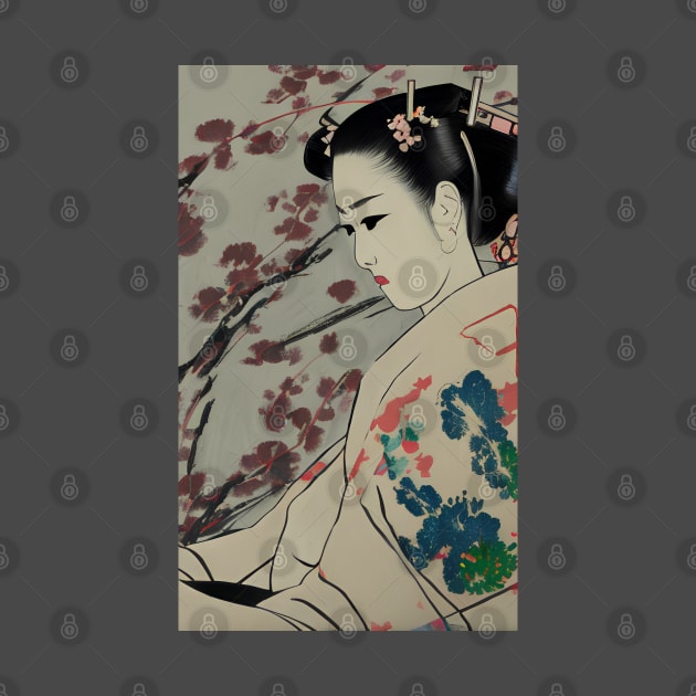 Geisha with floral kimono drawing by Ravenglow