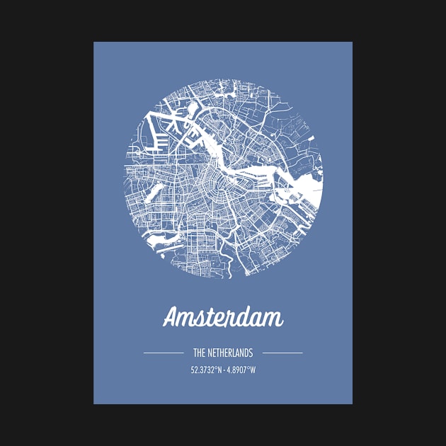 City map in blue: Amsterdam, The Netherlands, with retro vintage flair by AtlasMirabilis