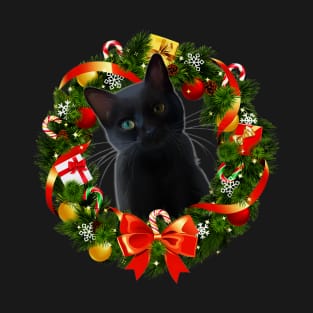 Funny Black Cat Christmas Wreath Ornament T-Shirt