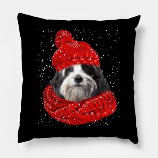 Tibetan Terrier Wearing Red Hat And Scarf Christmas Pillow