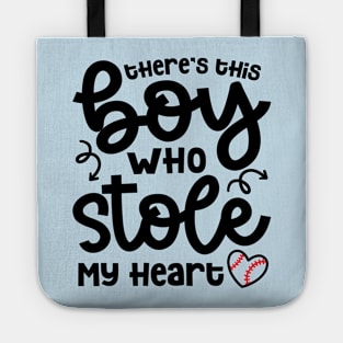 There's This Boy Who Stole My Heart Baseball Mom Dad Cute Funny Tote