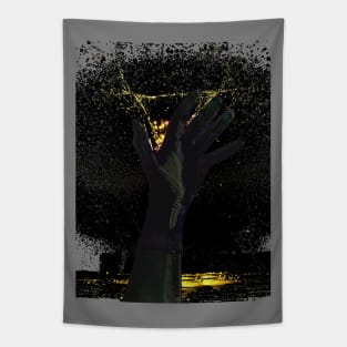 Digital collage and special processing. Hand reaching stars. Monster or great friend. Gold drops, dark hand. Tapestry
