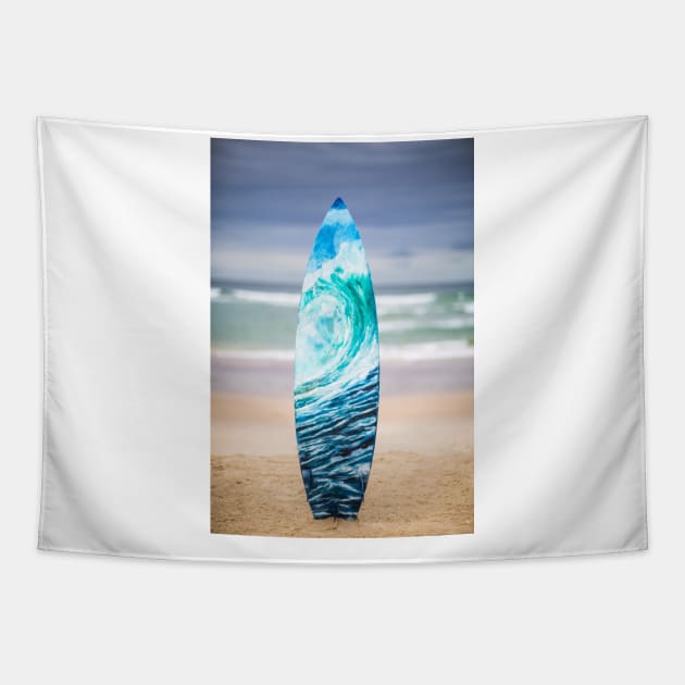 Light blue, turquoise wave painted on recycled surfboard on the beach Tapestry by DamiansART