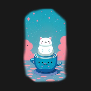 cute coffee blue pink kawaii cat T-Shirt