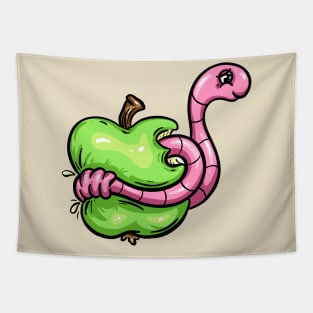 Worm in an Apple Cartoon Character Illustration Tapestry