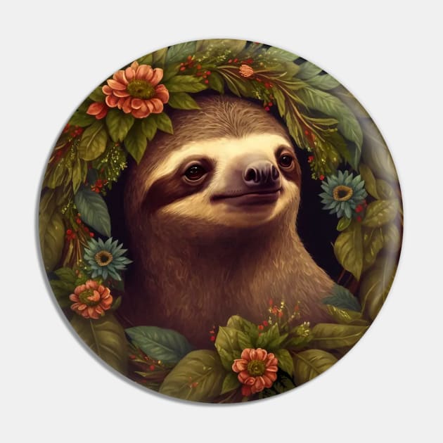 Cute Sloth in a Floral Wreath Pin by MythicPrompts