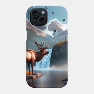 Abstract Landscape With Waterfall, Snowy Peaks, Elk Phone Case