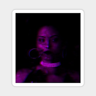 Beautiful girl, violet lighting, blue tones, jewelry. Beautiful and dark. Magnet