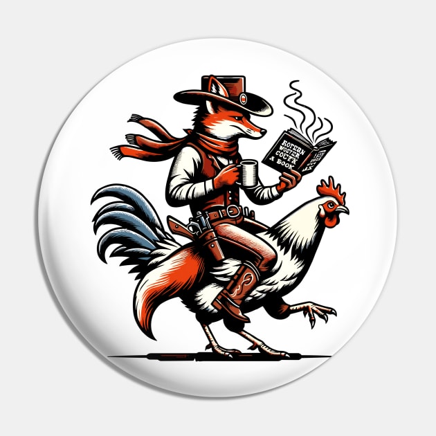 Cowboy Fox Drinking Coffee and Reading A Book Pin by VisionDesigner