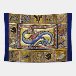 MEDIEVAL BESTIARY,SCITALIS LEGENDARY SERPENT, FANTASTIC ANIMALS IN GOLD RED BLUE COLORS Tapestry