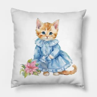 Cute ginger kitten in a blue dress Pillow