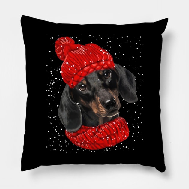 Black Dachshund Wearing Red Hat And Scarf Christmas Pillow by Tagliarini Kristi