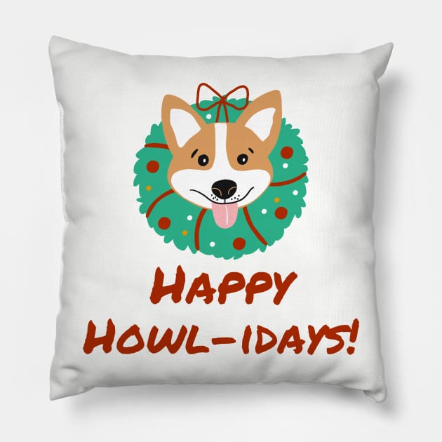 Happy Howlidays Dog Corgi Christmas Wreath Pillow by MGuyerArt