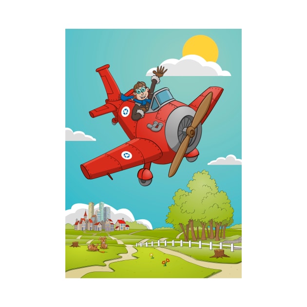 The waving pilot in his red airplane with landscape and background by Stefs-Red-Shop