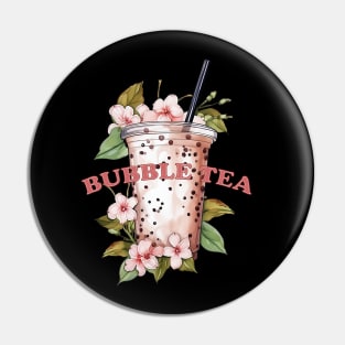 BUBBLE TEA - boba tea - flowers and green leafs Pin