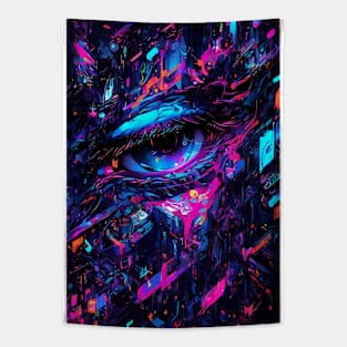 Neon eye closeup of a cyborg Tapestry