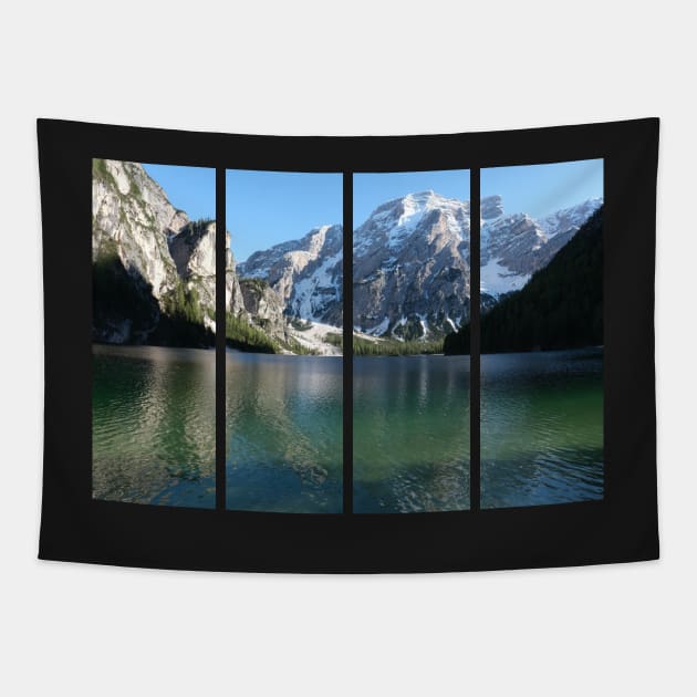 The fabulous alpine lake of Braies in the Dolomites (Bolzano). Lovely place in the Italian Alps. Boats on the water. Reflections in the water. Sunny spring day. Trentino Alto Adige Tapestry by fabbroni-art
