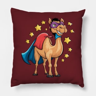 Creative and humorous vector print of a Bactrian camel, wearing a superhero cape and mask, standing confidently with a cheerful smile. (2) Pillow