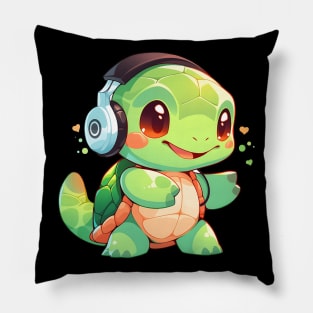 Cute Green Turtle with Headphones Pillow