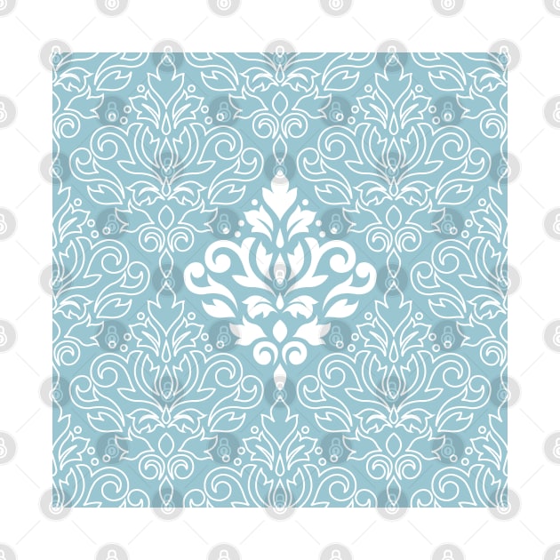 Scroll Damask Lg Pattern Mid White+Line on Blue by NataliePaskell