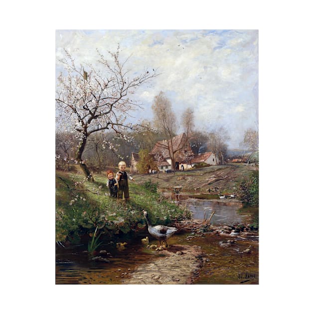 Adolf Lins Spring Landscape Two Children and Geese by pdpress