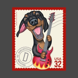 Cute Doxie playing guitar on vintage postage stamp T-Shirt