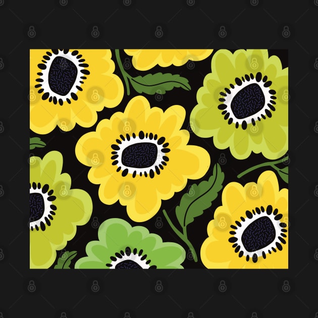 The fresh Sunny flowerpower pattern in 1970-style, green, black, yellow on dark background by marina63