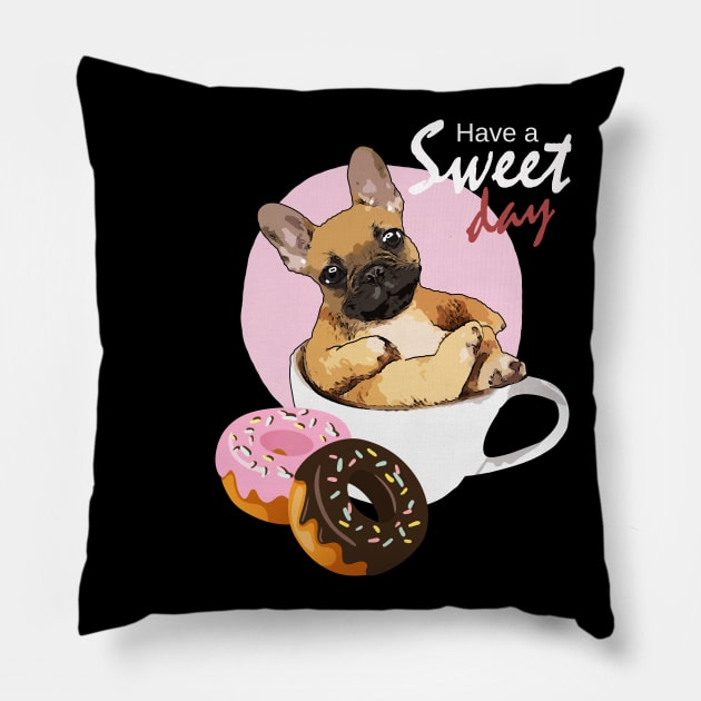 french bulldog coffee and donuts Pillow by Collagedream