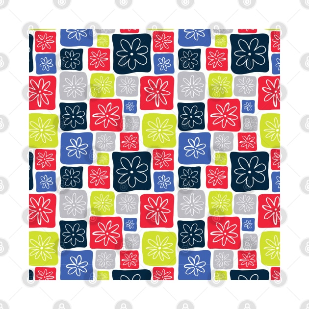 Doodle Squares with Flowers Blue, Red, Gray, Lime green by Sandra Hutter Designs