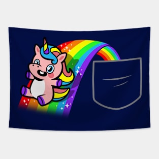 Kawaii Cute Unicorn Cartoon Sliding On Rainbow Pocket Design Tapestry