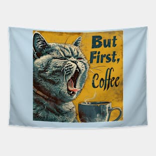 British Short Hair Cat "But First, Coffee" Funny Fat Cat Tapestry