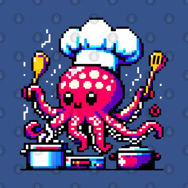 Pixel Art Chef Octopus - Vintage-Style Culinary Gaming Design by Pixel Punkster