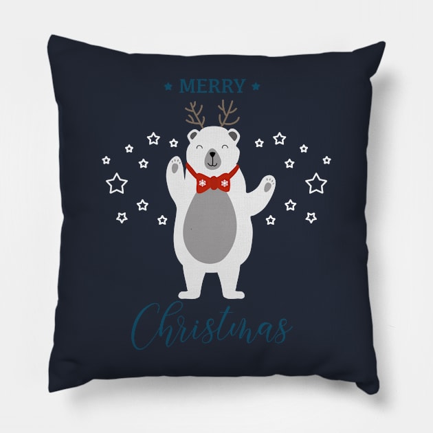 Holiday greeting from cute Polar Bear with reindeer antlers Pillow by Arch4Design