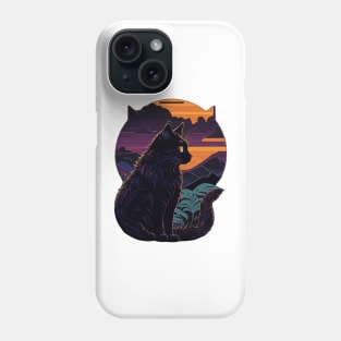 black cat with mountain background at the sunset Phone Case