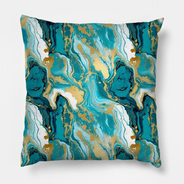 Turquoise and Gold Liquid Marble Texture Pillow by AestheticsArt81