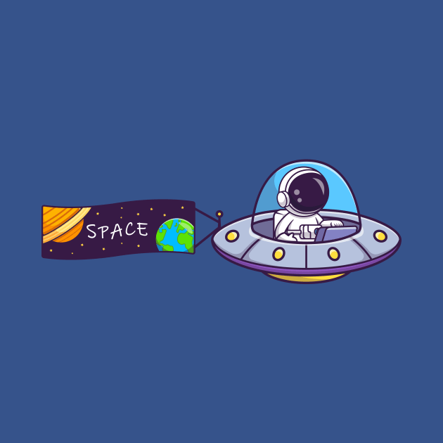 Cute Astronaut Riding UFO With Space Banner Cartoon by Catalyst Labs