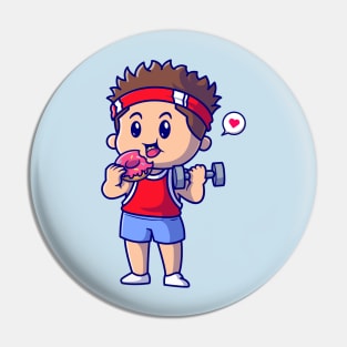 Cute Boy Lifting Barbell And Eating Doughnut Cartoon Pin