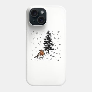 Robin and Snow Covered Trees Digital Illustration Phone Case