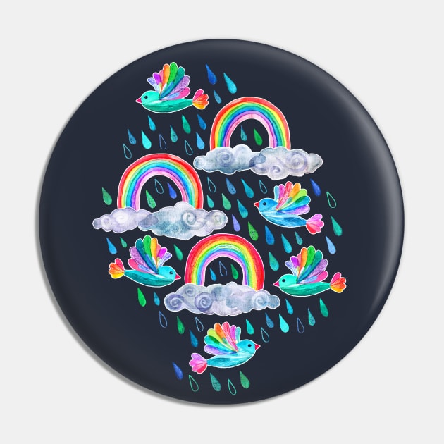 Spring Showers and Rainbow Birds on Navy Blue Pin by micklyn