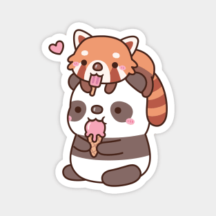 Cute Red Panda And Panda Eating Ice Cream For Summer Magnet