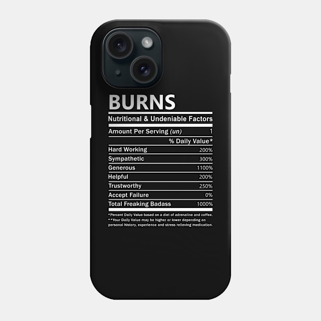 Burns Name T Shirt - Burns Nutritional and Undeniable Name Factors Gift Item Tee Phone Case by nikitak4um